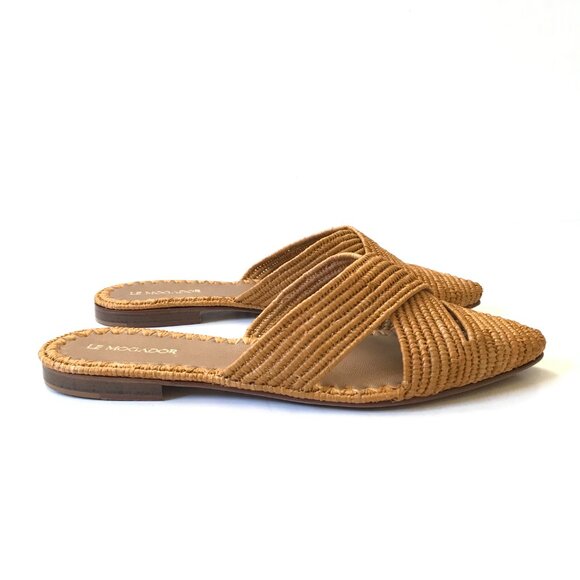 Le Mogador Azoulay Flats Slides Mules Womens 39 9 Tan Raffia Leather Slip On - Picture 2 of 10